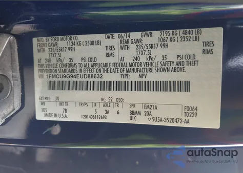 2014 Ford Escape Se из США, поврежденный, VIN 1FMCU9G94EUD88632